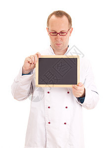 带有黑板的烹饪餐厅职业男人外套烘烤男性厨师酒店装置厨房图片