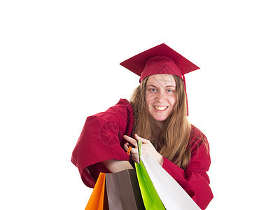 携带购物袋的女学生成功学术研究女性文凭仪式学期成就奖学金微笑礼物图片