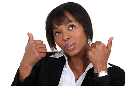 开心的女商务人士举起大拇指商业商务女性手势交易套装喜悦工作室人士夹克图片