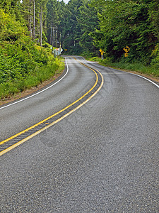 弯曲了两条横道乡村公路通过森林修补道路场地国家地平线路线汽车天空街道旅游爬坡运输图片