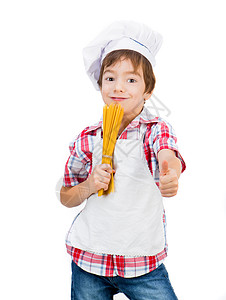 男孩有生意大利面盘子孩子们烹饪面条美食午餐微笑厨师快乐工作室图片