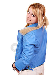 穿蓝色夹衣装着蓝外套的年轻女孩图片