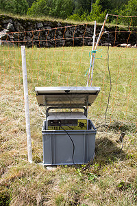 配有电栅栏的太阳能电池板牧羊人力量技术活力创新环境场景光伏场地草地图片