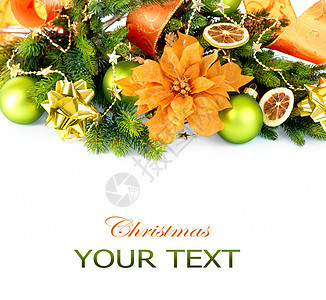 圣诞节和新年装饰 配有包子和丝带装饰品松树卷曲作品金子锥体风格橙子边界小玩意儿图片