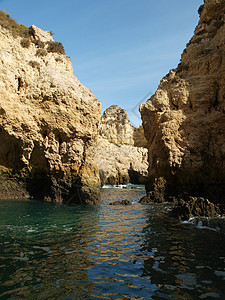拉各斯和Cap Vincent之间阿拉加维海岸娱乐蓝色海洋勘探馅饼石窟海浪海军悬崖海岸图片