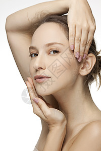 美丽皮肤摄影身体护理化妆品美容人脸露齿影棚人类图片