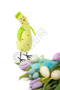 复活节鸡蛋 有郁金香和鸡蛋粉色传统花束季节性动物紫色母鸡庆典绿色玩具图片