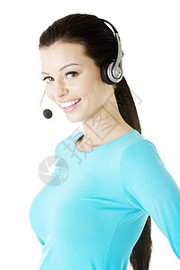 美丽的年轻青年呼叫中心助理帮助商业中心商务顾客电话推销热线职员工作图片