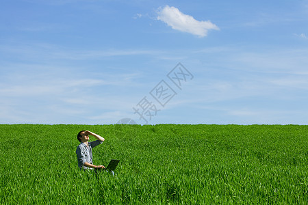年轻人在户外使用笔记本电脑太阳草地全景地平线自由椅子互联网男性微笑风景图片