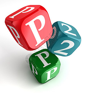 红色蓝色和绿色骰子立方体上的p2p字图片