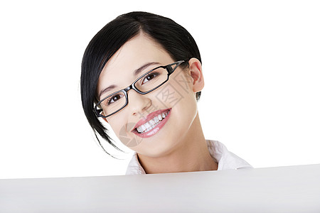 微笑着的年轻商业女商务人士显示空白招牌工人广告成功生意人女士办公室展示标语推介会成人图片