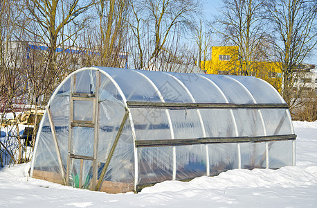 冬季积雪时用于蔬菜的手工制聚乙烯温室图片
