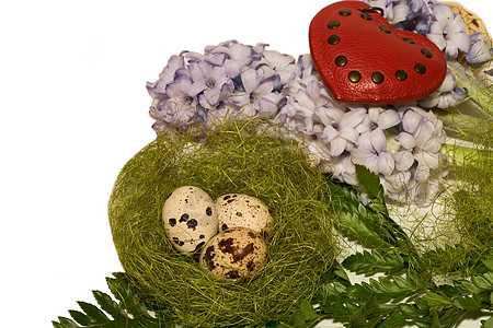 筑巢中的复活蛋和蓝长青装潢季节假期宗教节日文化叶子食物展示鹌鹑图片
