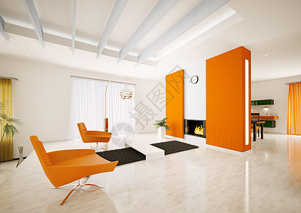 现代内地公寓3d房间地面厨房桌子火焰壁炉窗帘橙子地毯房子图片