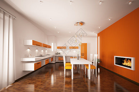 现代厨房内有壁炉的3d白色桌子木头财产橙子棕色炊具地面火焰椅子图片