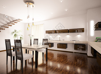 现代3d型厨房内部房间木头合金桌子房子架子窗户窗帘用餐棕色图片