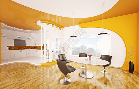 餐厅和厨房的内室内3d房子建筑学橙子皮革木地板地面窗户用餐房间黑色图片