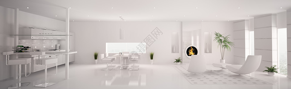 现代白色公寓3d型全景的内地厨房椅子地面壁炉花瓶房间家具地毯桌子植物图片