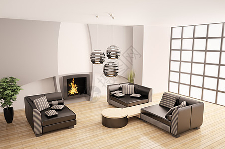 现代内地 有壁炉3d公寓建筑学白色座位沙发火焰黑色植物家具桌子图片