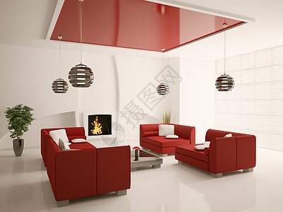 现代室内客厅 有壁炉3d白色建筑学沙发桌子房间房子火焰燃烧窗户红色图片