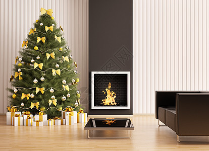 房间的圣诞fir树和室内壁炉3d图片