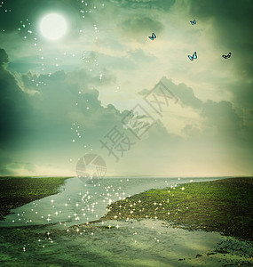 幻想中的蝴蝶和月亮风景想像力童话飞行棕褐色魔法星星天空地平线场地图片