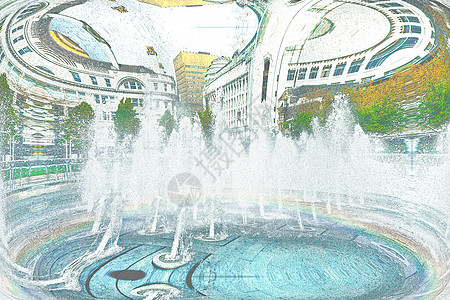 市中心喷出溪流喷泉民众中心绘画正方形压力城市草图图片