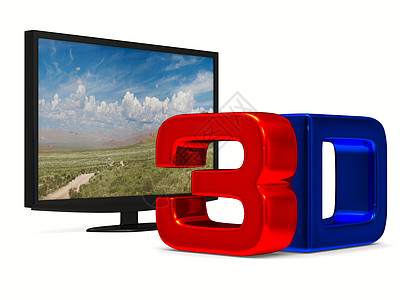 白色背景的电视 孤立的 3D 图像电影监视器推介会电气晶体管桌面全景展示蓝色优雅图片