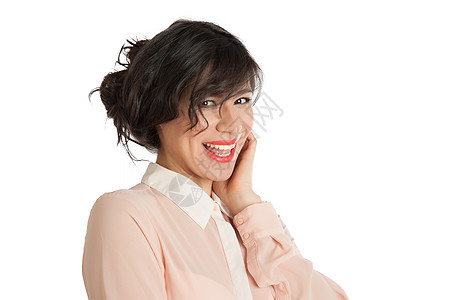 美丽的女人笑着红嘴唇头发皮肤想像力化妆品情感棕色眼睛工作室化妆感官图片