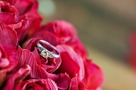 订婚戒指珠宝配饰宝石礼物木头奢华花瓣背景首饰花朵图片