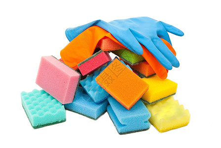 橡胶手套和厨房用海绵洗涤剂乳胶用具家务面巾卫生组织厨具橡皮房子图片