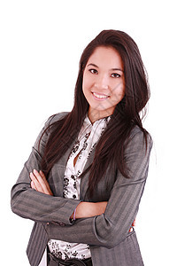 一位快乐的年轻商业女商务人士 站着与折叠ha图片