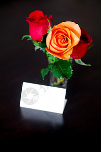 花瓶和卡片中彩色玫瑰花束 单词大于木板叶子甜点盘子木头小吃宏观浆果水果生活图片