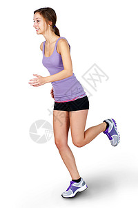 年轻女子在白背景上慢跑身体闲暇运动瑜伽服饰黑发白色运动员邻家女孩女士图片