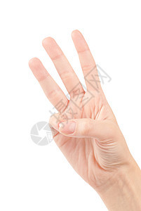 女性数到三的手 在白色上隔绝拇指指甲手腕男人数字警告光标数数手指手势图片