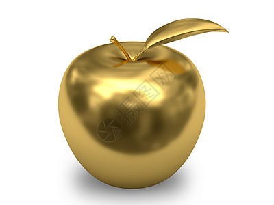 白色背景上的金苹果反射叶子订婚展示金属奢华礼物食物水果珠宝图片