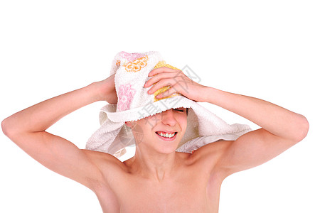 洗完澡后的青少年青年男生快乐冲洗乐趣洗手间喜悦皮肤身体毛巾图片