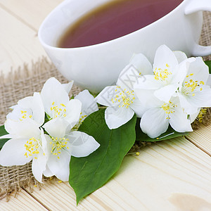 一杯茉菊茶和茉莉花药品花瓣叶子生活饮料杯子早餐植物草本植物餐具图片