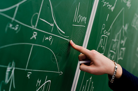 一个学生的手指着绿色粉笔板学习推介会训练写作数学大厅讲师智力大学男人图片
