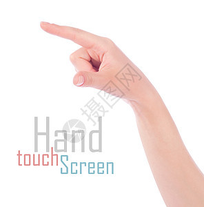 女性触摸虚拟屏幕的手 孤立在白色上手势手臂女士屏幕女孩手指按钮触摸屏药片商业图片