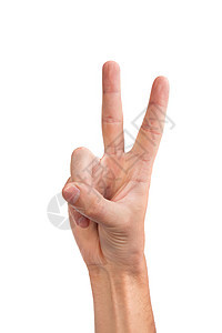 和平或胜利的象征着两只手举起双手手势拇指男人白色拍卖男性棕榈数字食指展示图片
