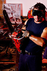 男性机械技工风镜润滑脂技术员套装蓝色工具工作男人维修链锯图片