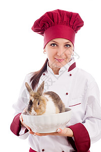 碗里有小矮人兔子的厨师自信食物工作餐厅夹克职业女士鞭子成功帽子图片