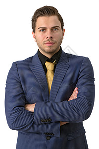 一个年轻而严格的商务人士金子经理船尾商业工作室蓝色套装领带工作生意人图片