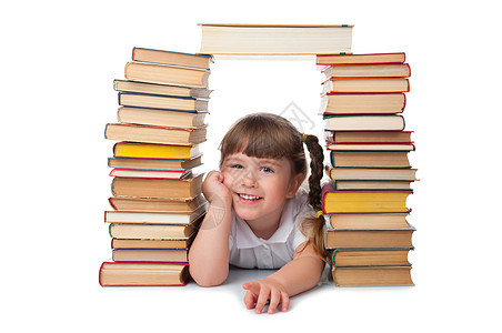 带着书的小笑笑女孩地面女孩女学生瞳孔智力女性童年教育孩子阅读图片