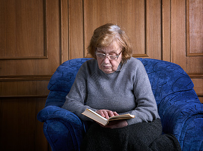 奶奶坐在扶手椅上 拿着书阅读女士房子老年中风宠物退休祖母医学眼镜图片