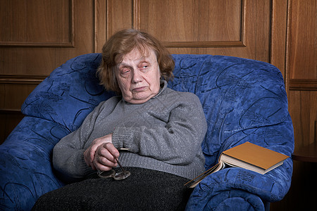 奶奶坐在扶手椅上 拿着书阅读医学眼镜女士房子老年退休中风宠物祖母图片