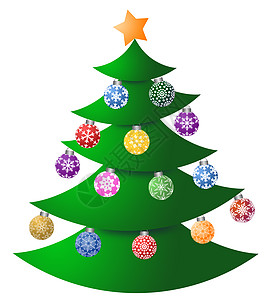 圣诞树与五颜六色的装饰品问候语白色假期图纸插图星星雪花海报绿色庆典图片