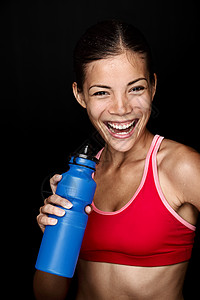健身妇女女性瓶子微笑健身房赛跑者蓝色女士快乐女孩活力图片