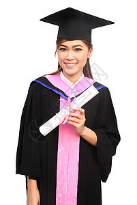 妇女有毕业帽和礼服 手举起握抱头衣服学校学习女士庆典工作室学生丝带帽子幸福图片